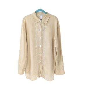 Vintage Allison Taylor 100% linen beige tan embroidered long shirt tunic Large
